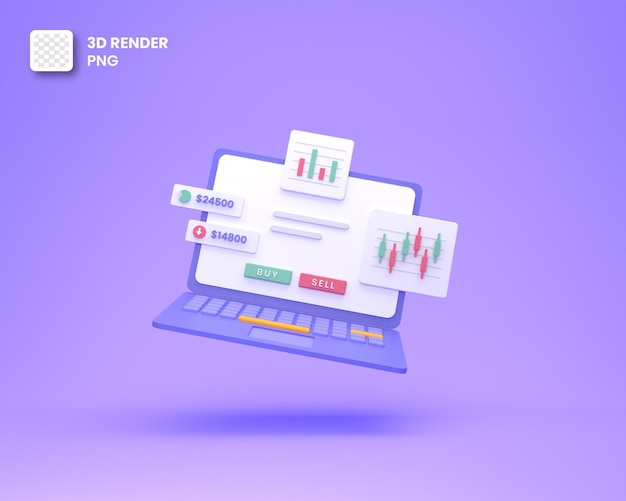 3D Trading platform website with laptop and candlestick icon