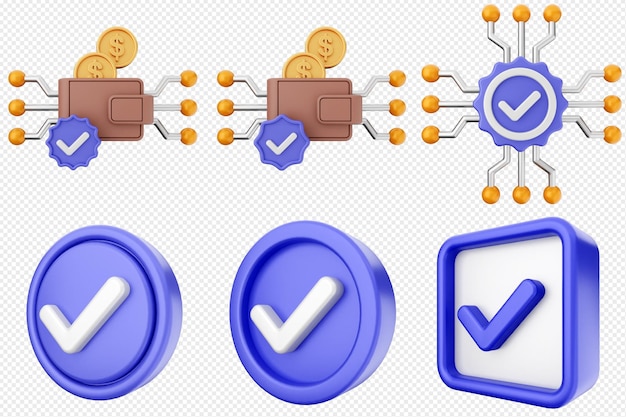 3d verification check mark approve success icon set bundle