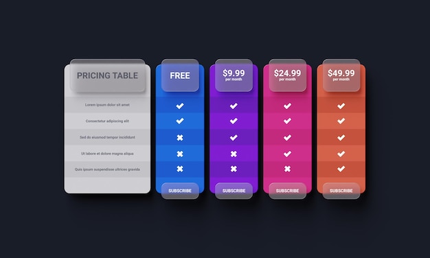 3D web pricing table design for business