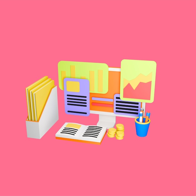 a 3d icon computer with a colorful and with a traffic business and with a file pen and pencil