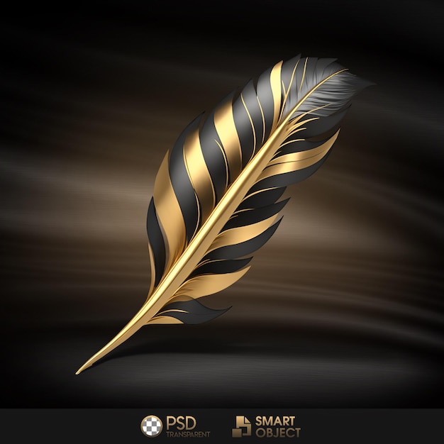 A black and gold feather with gold and black stripes.