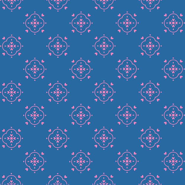 a blue background with a pattern of pink heart