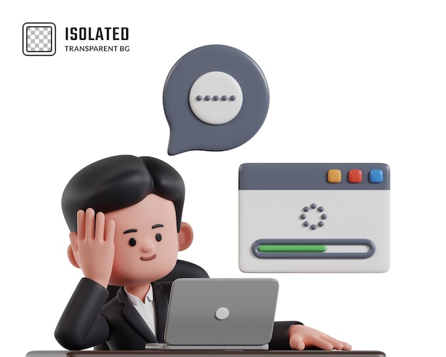a cartoon man is on a laptop and has a speech bubble above his head