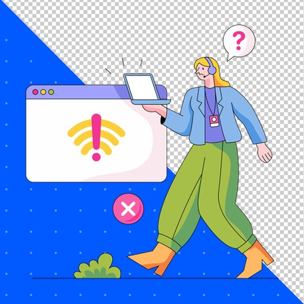 a cartoon of a woman using a laptop with a web button
