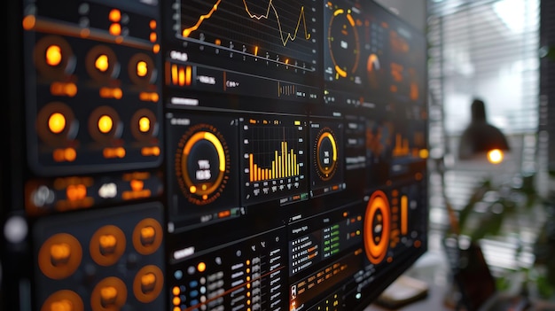 a closeup view of a computer monitor displaying a futuristic dashboard with various data visualizations and charts