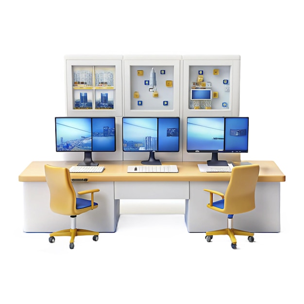 a computer desk with three monitors and a keyboard on it