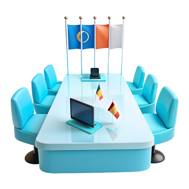 a conference table with flags and a computer monitor on top of it
