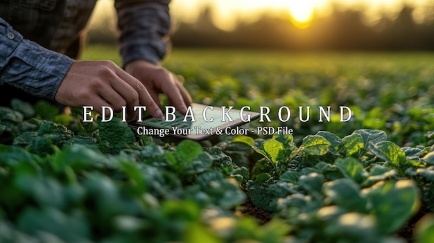 A farmer uses a tablet to monitor the growth of crops in a field at sunset