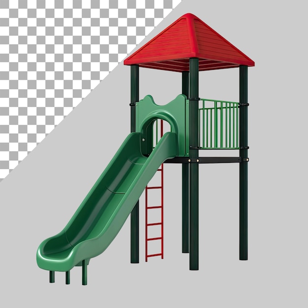A green slide with a red roof and a wooden playhouse isolated on a transparent background