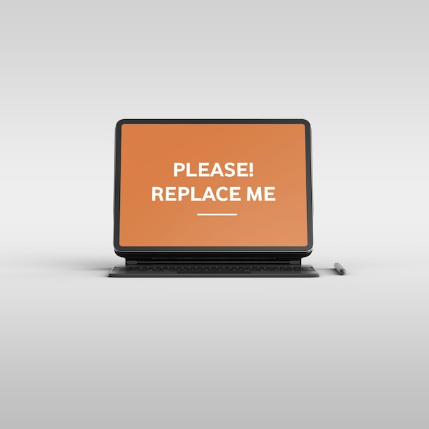 A laptop with the words please! replace me on it