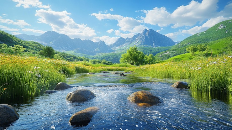 PSD a painting of a river with rocks in the foreground and a mountain in the background