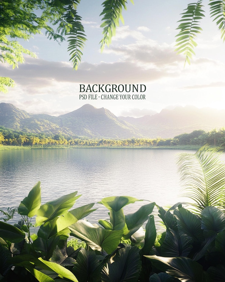 PSD a poster for a landscape with a mountain backdrop and a lake with the sun shining on it