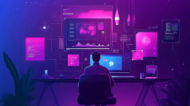 A programmer sits at a desk surrounded by holographic screens displaying data and code