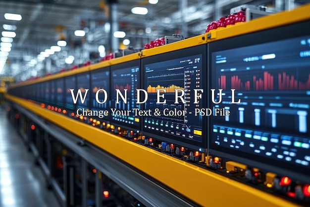 A row of computer screens displaying data in a factory setting
