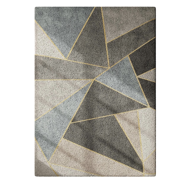 A rug with a geometric pattern and gold trim