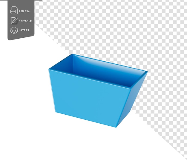 A simple blue plastic container with a rectangular shape and slanted sides 3d illustration