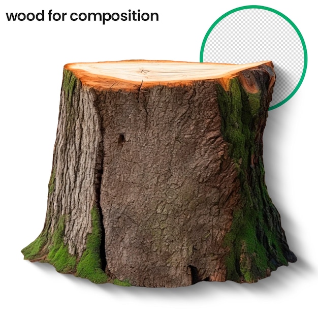 a tree stump with a green dot in the middle of it