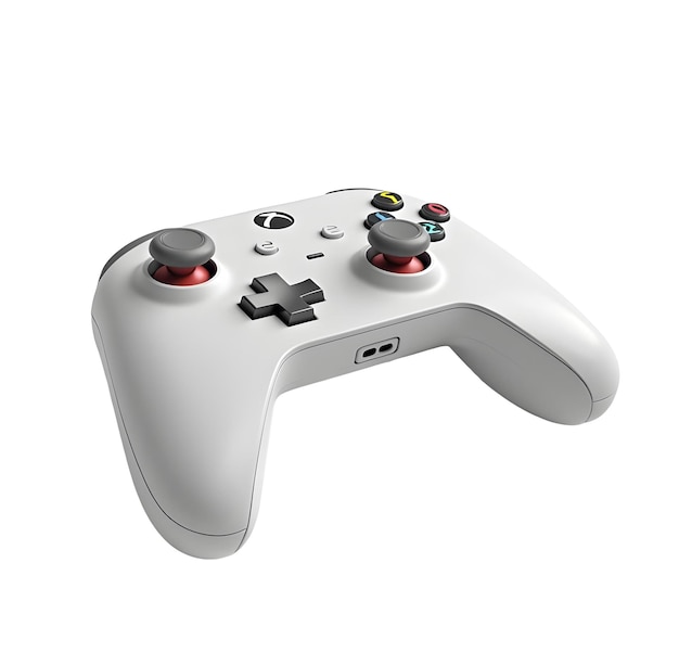 a white and gray game controller with a black and red button