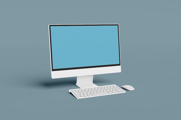 a white computer monitor with a blue screen on the bottom