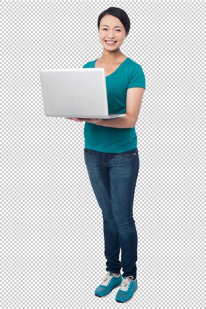 a woman holding a white laptop with a woman holding a white laptop