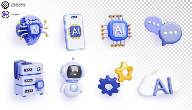 AI technology cartoon 3d render icon set Artificial intelligence robot bot character computer server brain circuit cloud mobile app chat messages gear isolated design elements