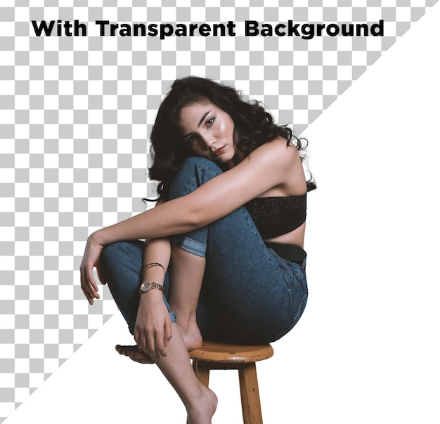 beautiful girl posing sitting on chair png psd isolated on transparent background