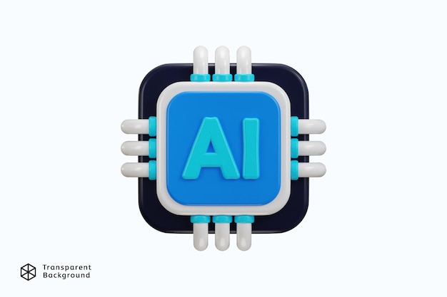 Biểu tượng chip AI 3D cho biểu tượng trí tuệ nhân tạo kết xuất 3D vector