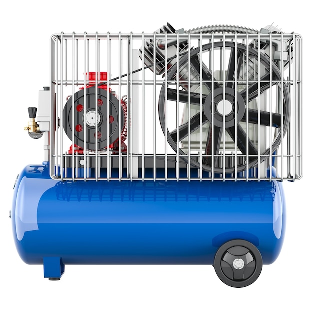 blue tank air compressor side view 3d rendering isolated on transparent background