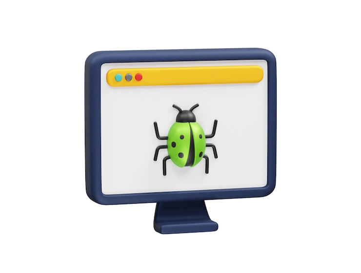 PSD bug on computer monitor software error debugging icon illustration 3d
