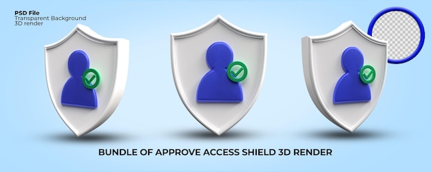 Bundle of 3D render icons approve shield transparent