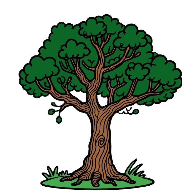 Cartoon illustration of a tree with green leaves brown trunk and roots