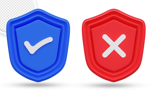 Checkmark and cross mark on shield isolated