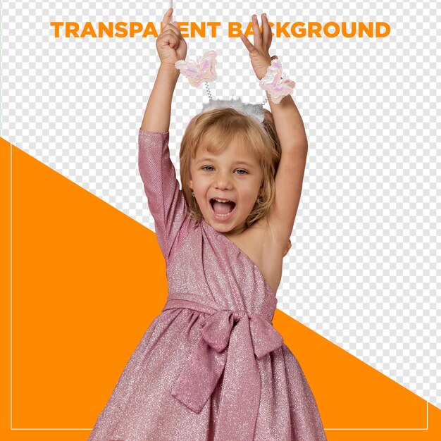 child girl in party dress on her birthday playing happily with transparent background