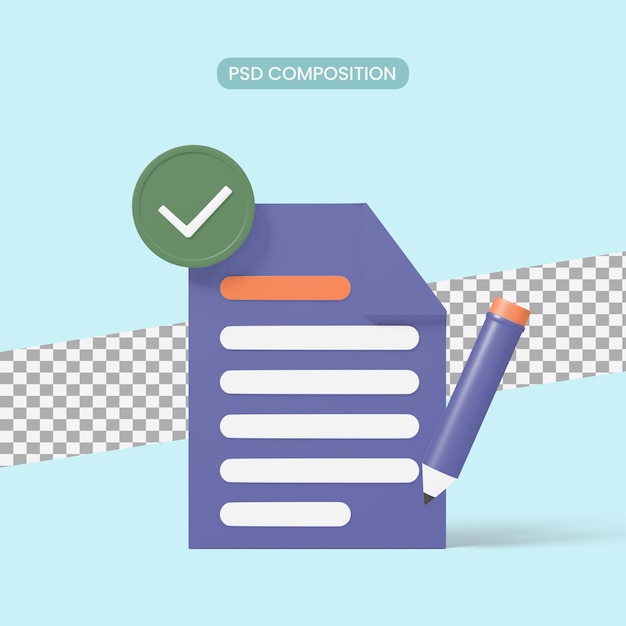 clip board with document check list pen sign 3d render concept for approval list confirmed