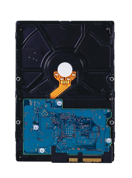 Close-up of a hard drive showcasing the internal circuit board and data connectors