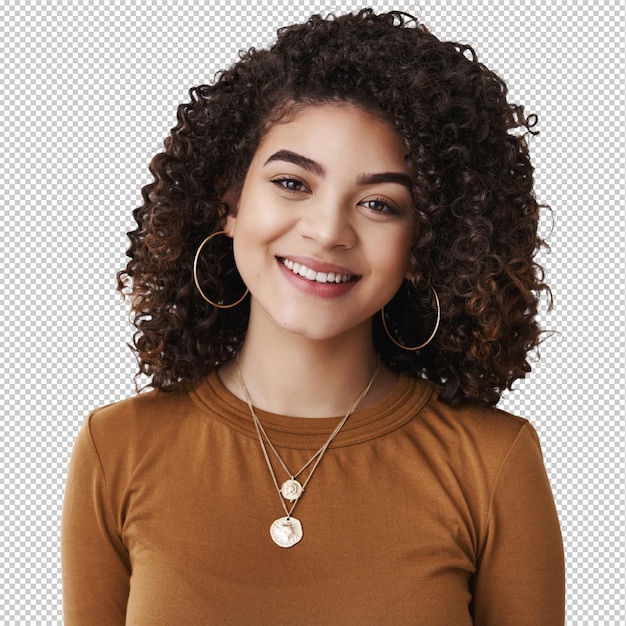 closeup pleasant curly dark hair female customer support manager smiling broadly ready help express interest happiness grinning white teeth delighted have positive conversation studio background