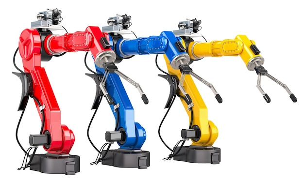colored robotic arms 3d rendering isolated on transparent background