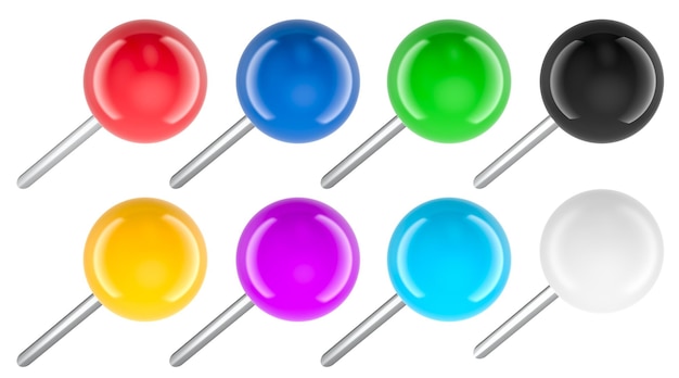 Colored Round Head Push Pins 3D rendering isolated on transparent background