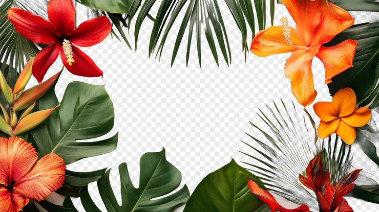PSD colorful tropical flower and leaf frame isolated on a transparent background