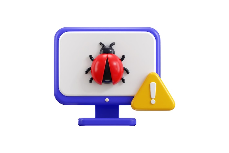 PSD computer bug with warning symbol 3d render concept of computer antivirus malware computer issue