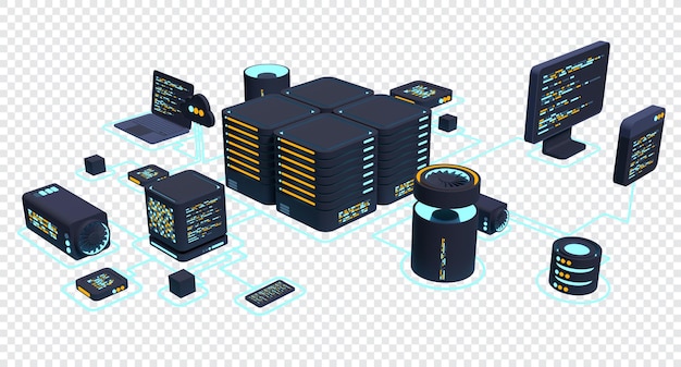 Computer technology 3D illustration Computation of big data center Cloud computing Online devices upload and download information Modern 3D illustration 3D rendering
