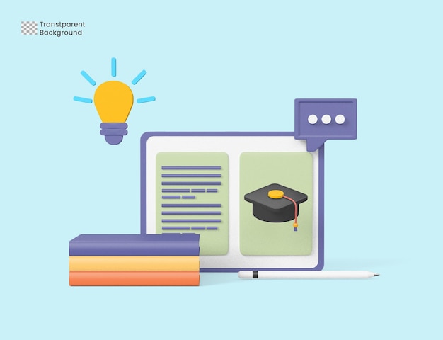 Concept of e-learning, online education at home. 3d realistic rendering illustration.