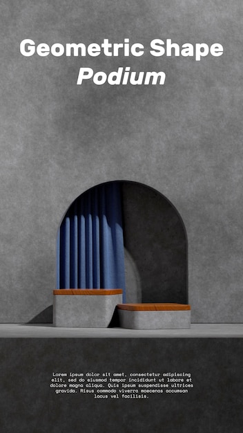 concrete podium in portrait with blue curtain 3d render blank mockup