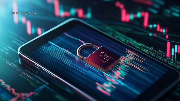 Cyber security concept A padlock on a tablet displaying financial data and code