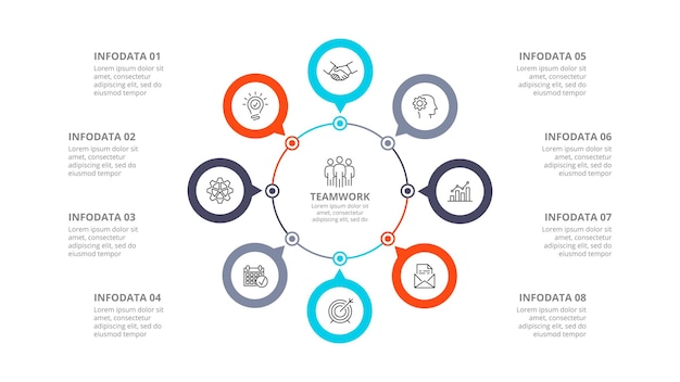 Cycle diagram with 8 circles Infographic design template with eight steps or options