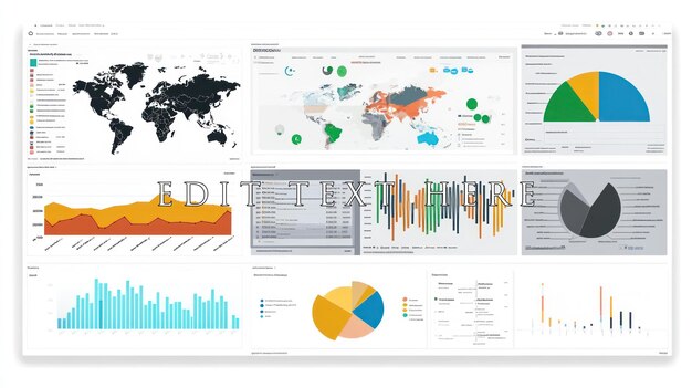 Data analytics dashboard displaying various charts and graphs of global data including world map bar charts pie charts and line graphs