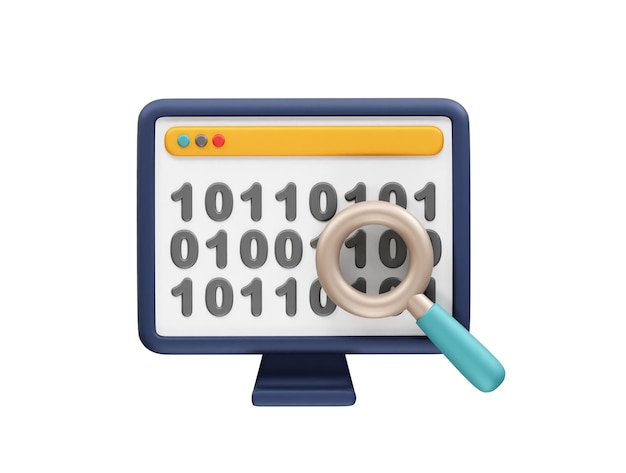 Data Search Analysis Binary Code on Computer Monitor icon 3d render illustration