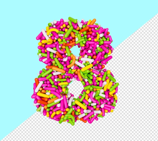 Digit 8 made of Colorful Sprinkles Numeric Eight Number Rainbow sprinkles 3d illustration