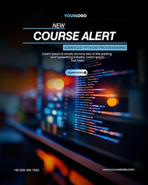 Digital coding script workshop poster template with closeup of a computer screen showing programming code with a blurred background