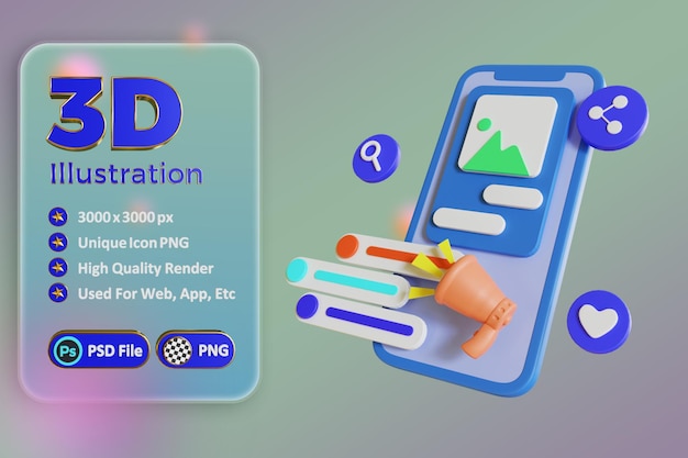 digital marketing 3d illustration with phone